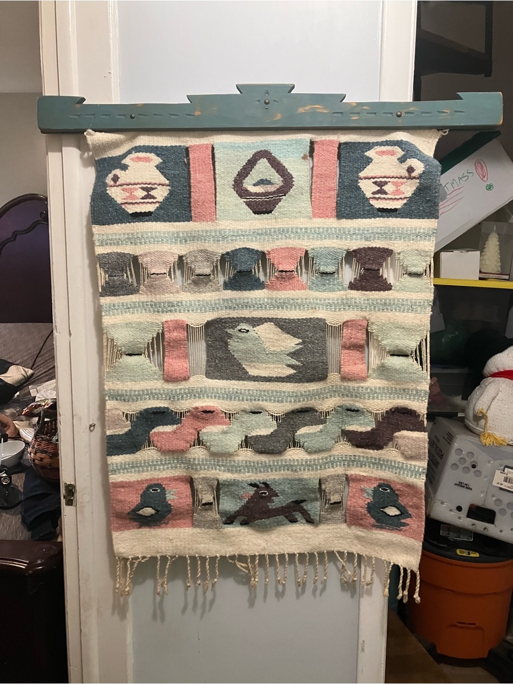 Vintage Handwoven Southwestern Style Wool Bird & Pottery Wall Hanging